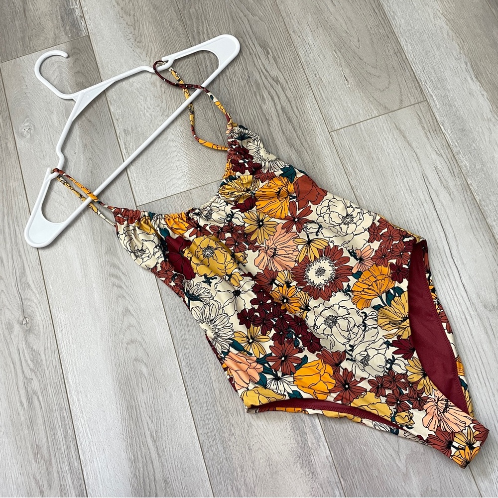 Rip Curl Swimsuit floral tie strap cheeky one piece womens Red (small) retro